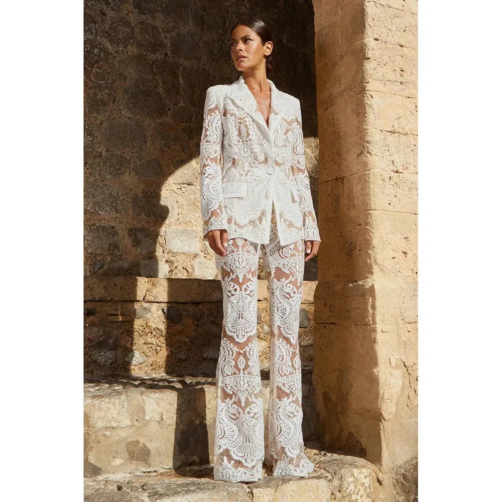 Women's Guipure Lace Sequined Blazer High Waist Pants Two Piece Set Cotton Blend Blazer