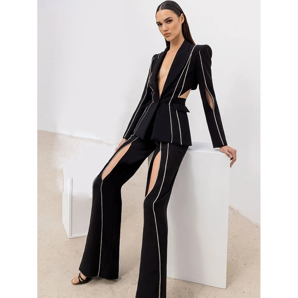 Women's Single Button Diamonds Beaded Blazer Flare Pants Two Piece Set Milan Custom Blazer