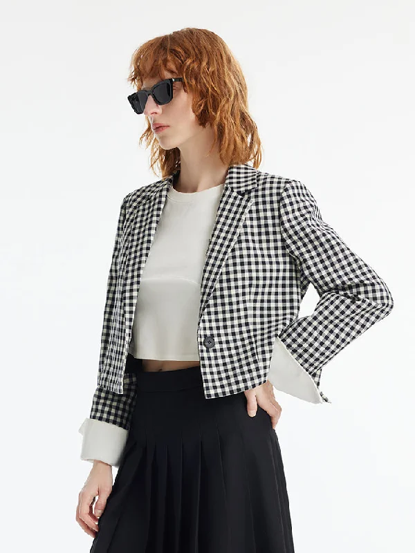 Black And White Check Women Crop Blazer Women's Premium Blazer