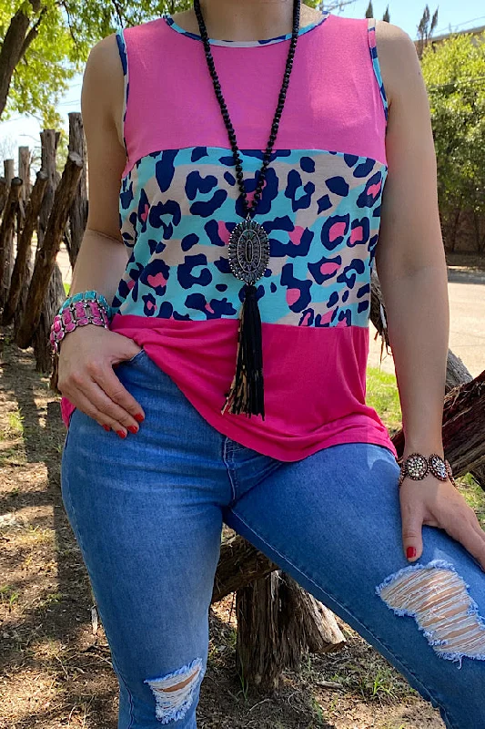 BQ9342 Pink/multi color leopard printed tank top. peekaboo tank top