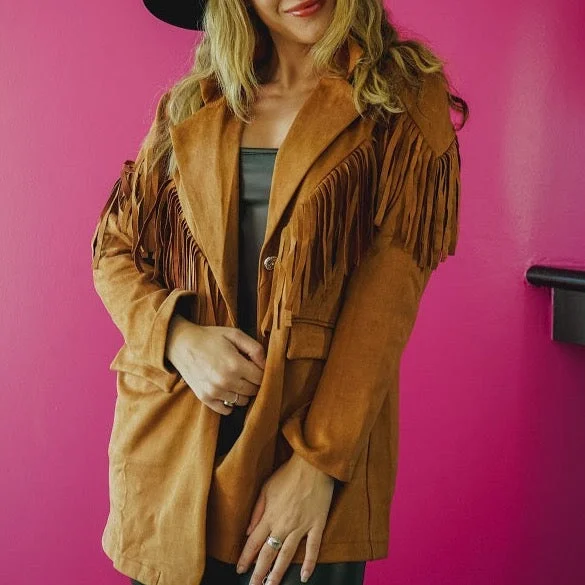 Camel Concho Button Down Fringe Lapel Blazer Plus Size Bourbon Cowgirl Women's Denim Suit Camel Concho Button Down Fringe Lapel Blazer Plus Size Bourbon Cowgirl Women's Denim Suit