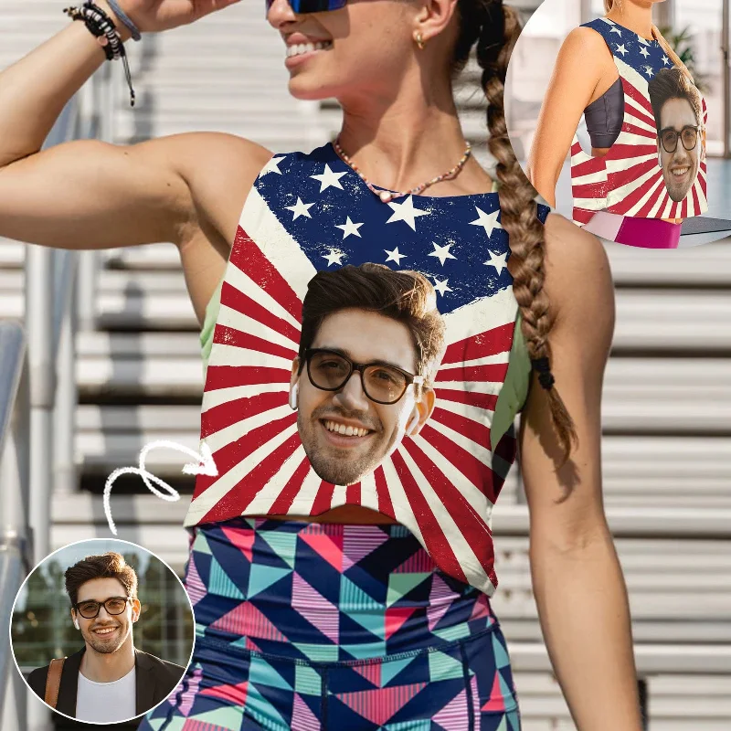 Custom Face American Flag Tank Top Personalized Women's Sleeveless Crop Sports Top cotton tank top Custom Face American Flag Tank Top Personalized Women's Sleeveless Crop Sports Top cotton tank top