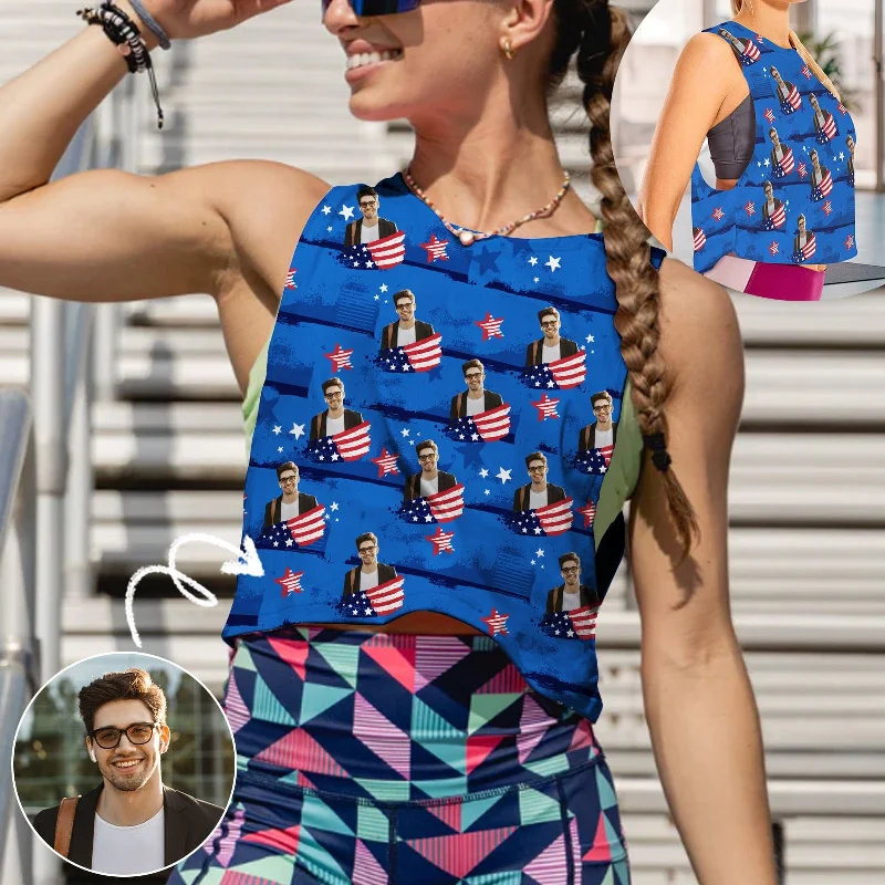 Custom Face USA Flag Blue Tank Top Personalized Women's Sleeveless Crop Sports Top modal blend tank Custom Face USA Flag Blue Tank Top Personalized Women's Sleeveless Crop Sports Top modal blend tank