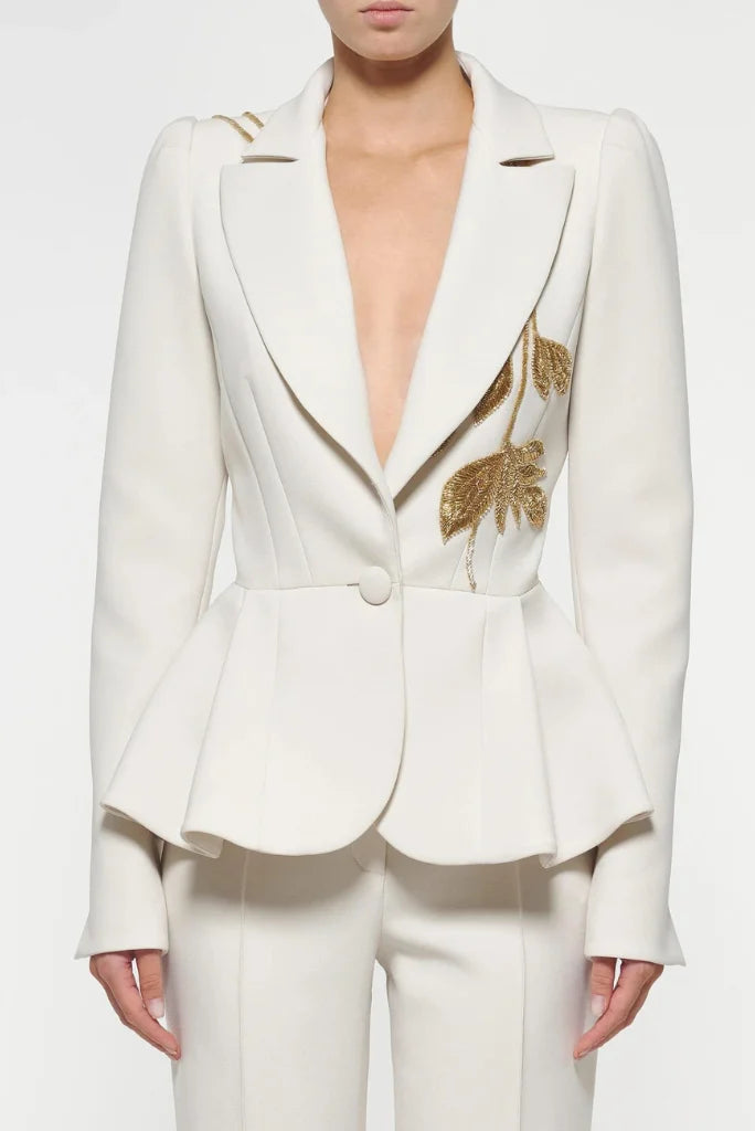 Designer White Embroidery Blazer Suit For Women, Peplum Styled blazer and Fit Flare Pant for Christmas and Bridesmaid Women's Adventure Blazer Designer White Embroidery Blazer Suit For Women, Peplum Styled blazer and Fit Flare Pant for Christmas and Bridesmaid Women's Adventure Blazer