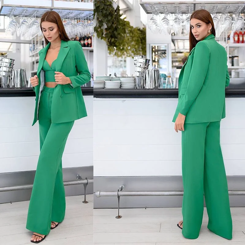 Green Women Pants Suits 3 Pieces Slim Fit High Waist Prom Evening Party Wear Blazer Flared Trousers Sets Women's Daily Blazer