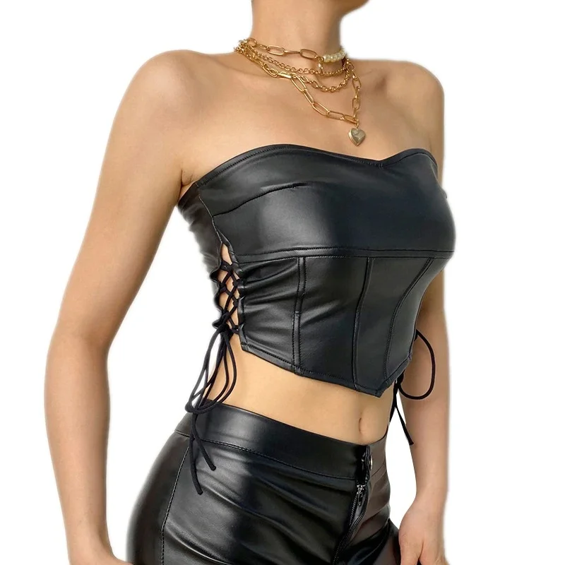 Gothic Women Black Latex Crop Top with Ribbons / Sexy Camis Backless Sleeveless gym tank top