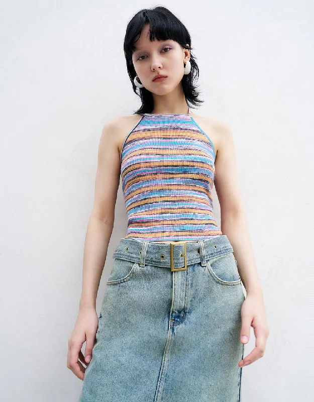 Halter Neck Striped Knitted Tank Top gym tank top