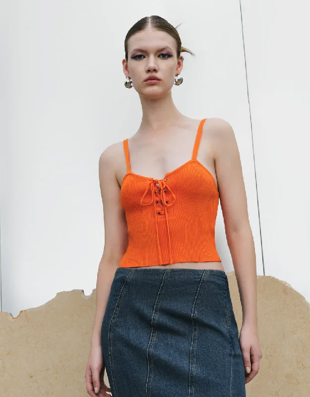 Lace Up Front Knitted Tank Top solid color tank