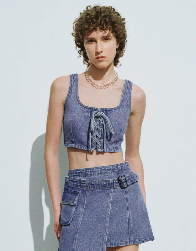 Lace Up Front U Neck Denim Tank Top ribbed tank top