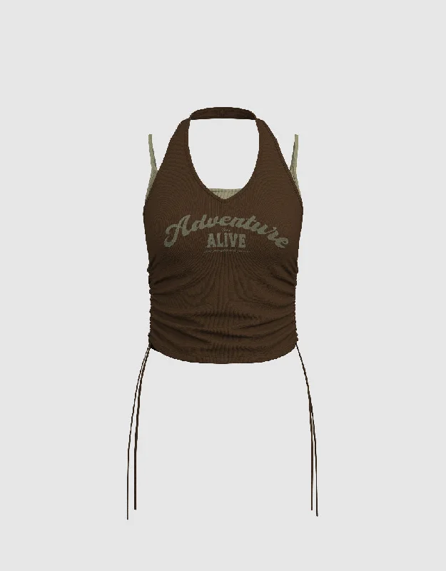 Letter Printed Halter Neck Tank Top coral tank top