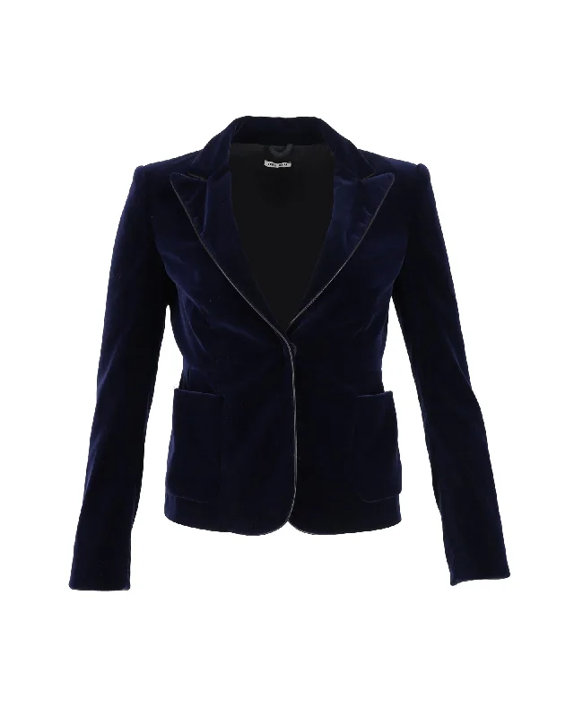 Miu Miu Leather-Trimmed Blazer in Navy Blue Velvet Women's Plaid Suit