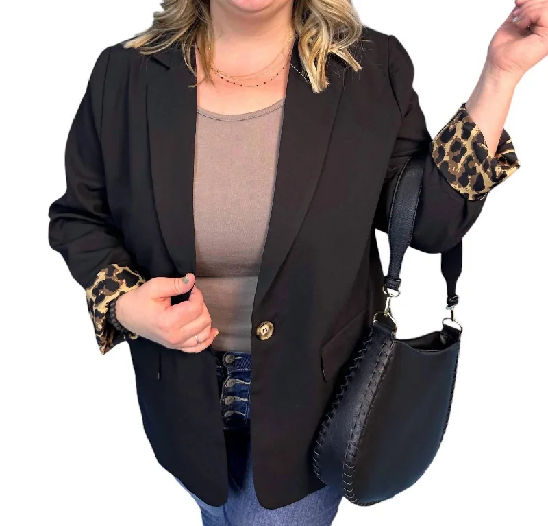 One Button Lined Blazer In Black Leopard Women's Party Jacket