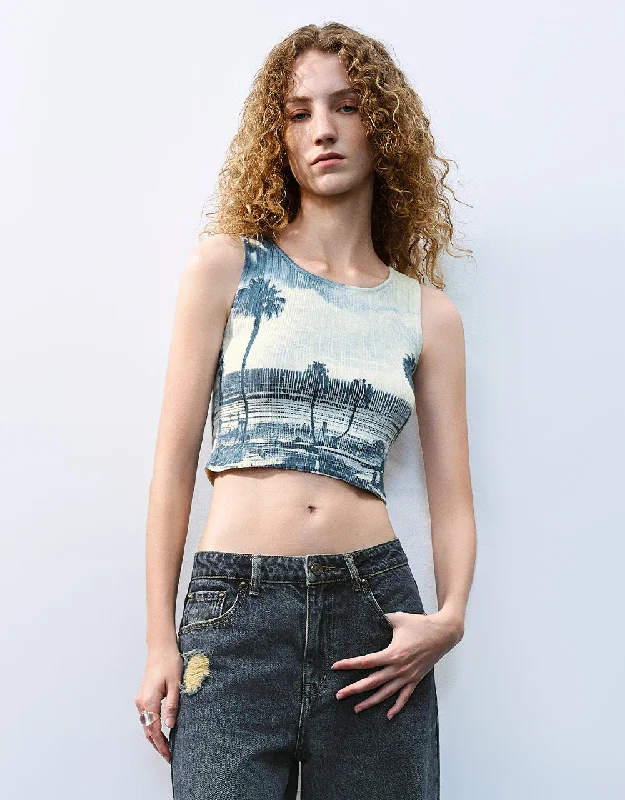 Printed Crew Neck Knitted Tank Top chic tank top