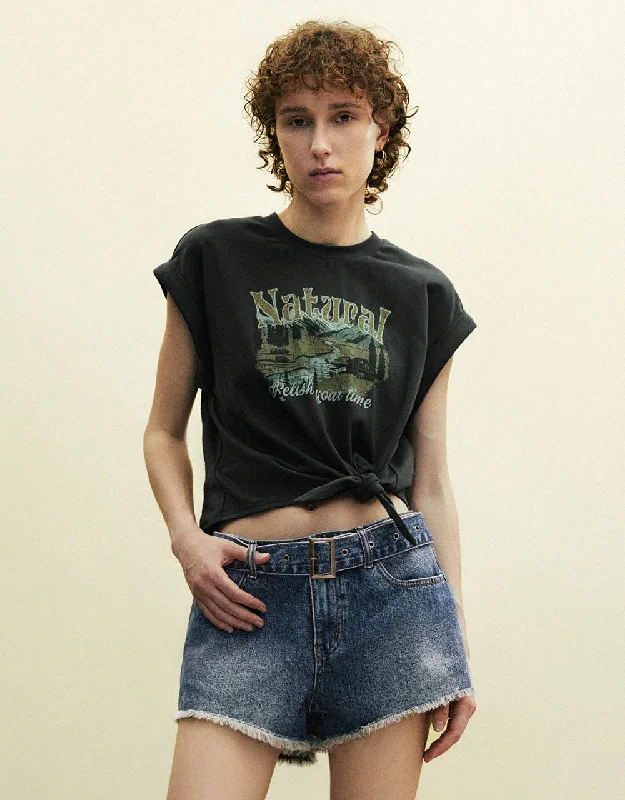 Printed Crew Neck Loose Tank Top vintage tank top