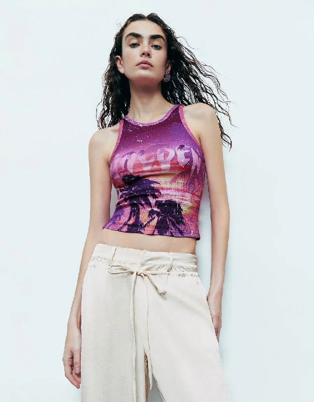 Printed Crew Neck Tank Top floral tank top