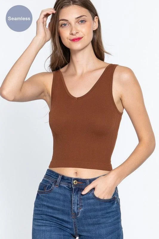 Reversible Neck Seamless Ribbed Crop Tank Top cherry red tank