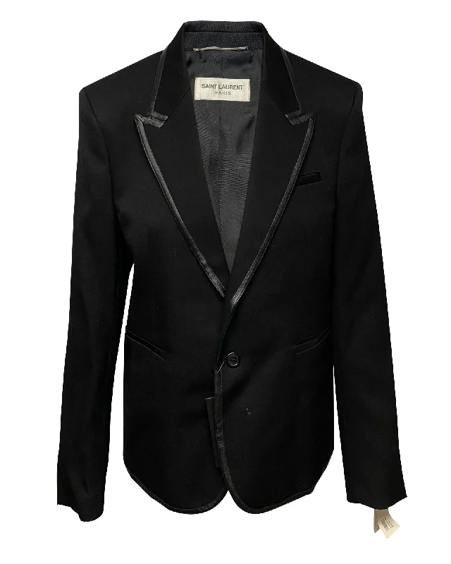 Saint Laurent Faux Leather-Trimmed Blazer in Black Wool Slimming Women's Blazer
