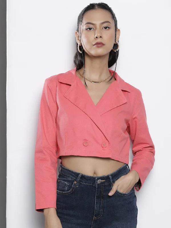 Women Pink Twill Crop Blazer Women's Classic Blazer