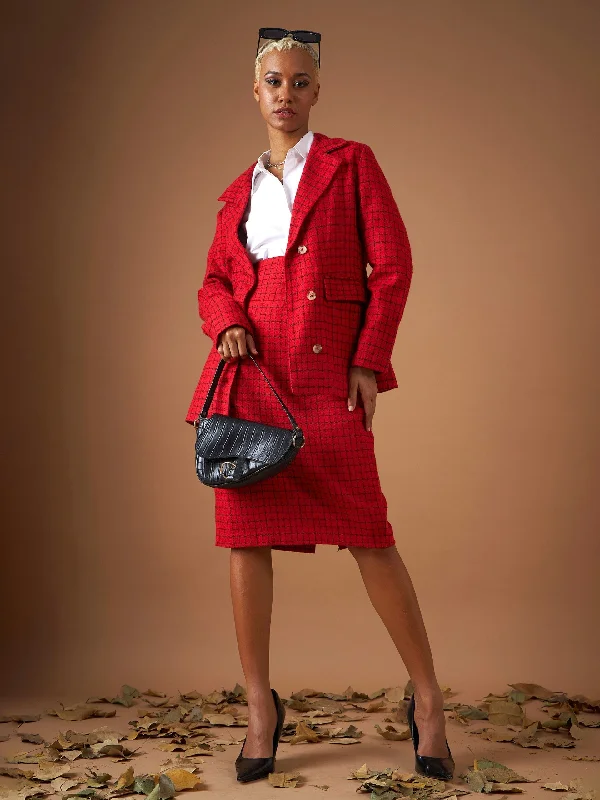 Women Red Check Jacquard Tweed Notch Collar Blazer Women's Classic Blazer