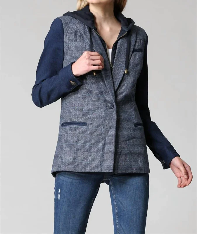 Tweed Blazer With Hoodie In Denim Women's Premium Blazer