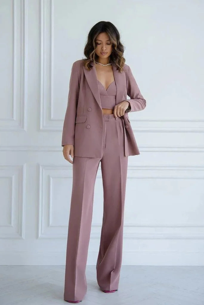 Women Brownish Pink Double Breasted 3 Piece Suit, Designer Crop Top and Blazer Suit Set for Wedding and Events Women's Stripe Blazer Women Brownish Pink Double Breasted 3 Piece Suit, Designer Crop Top and Blazer Suit Set for Wedding and Events Women's Stripe Blazer