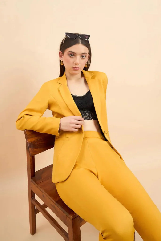 Women Yellow Notched Lapel Blazer Pant Suit, Casual Long Sleeve Solid 2 Piece Suit Women's Wedding Blazer Women Yellow Notched Lapel Blazer Pant Suit, Casual Long Sleeve Solid 2 Piece Suit Women's Wedding Blazer