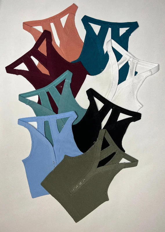 Ribbed Henley V Neck Brami Bralette Crop Tank Top by Zenana - 6 colors one shoulder tank