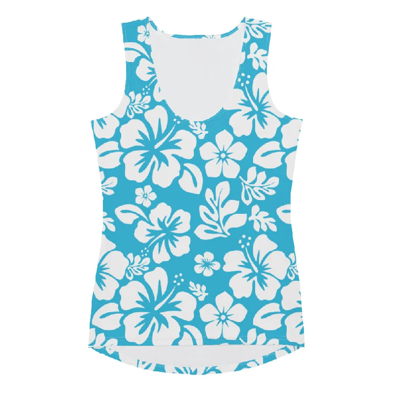 Aqua Blue and White Hawaiian Flowers Women's Athletic Swim Tank Top chic tank top
