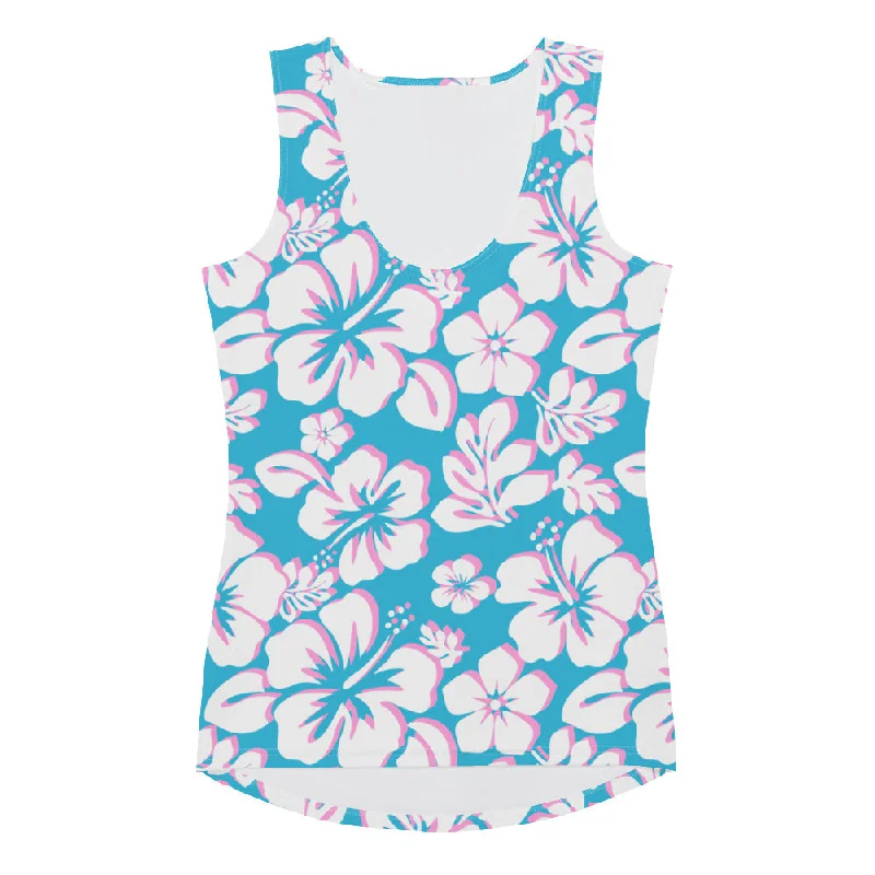 Aqua, Pink and White Hawaiian Flowers Women's Athletic Swim Tank Top sexy tank top