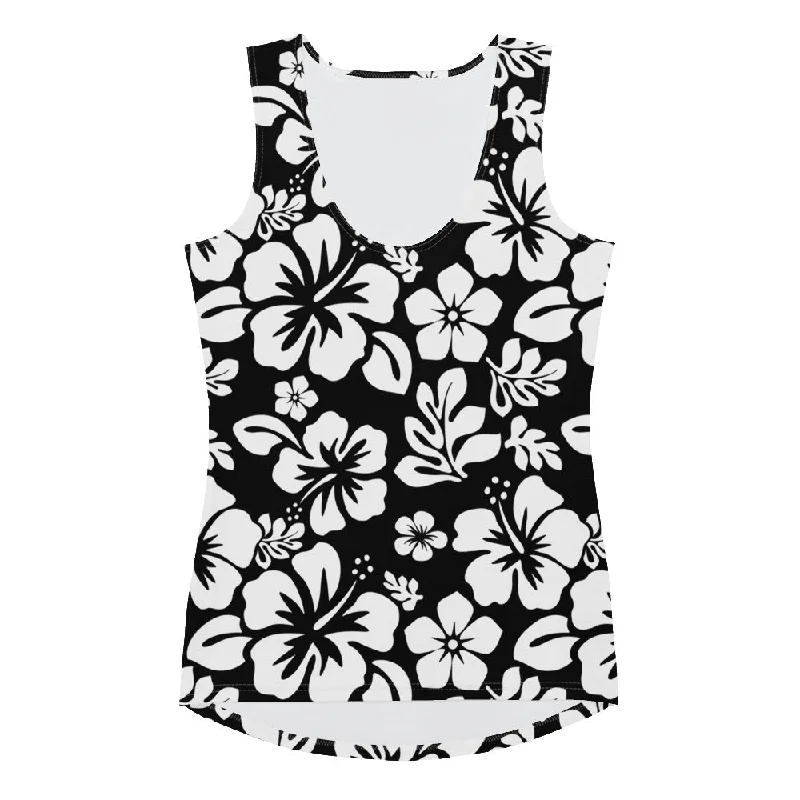 Black and White Hawaiian Flowers Women's Athletic Swim Tank Top neon tank top