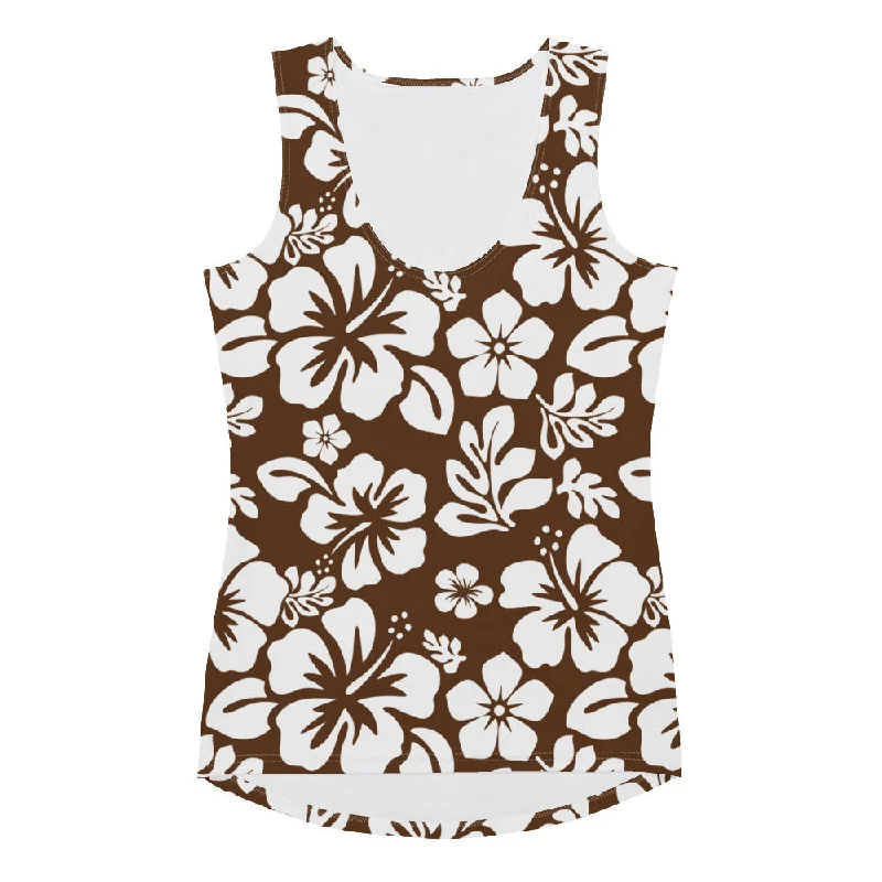 Brown and White Hawaiian Flowers Women's Athletic Swim Tank Top lemon yellow tank