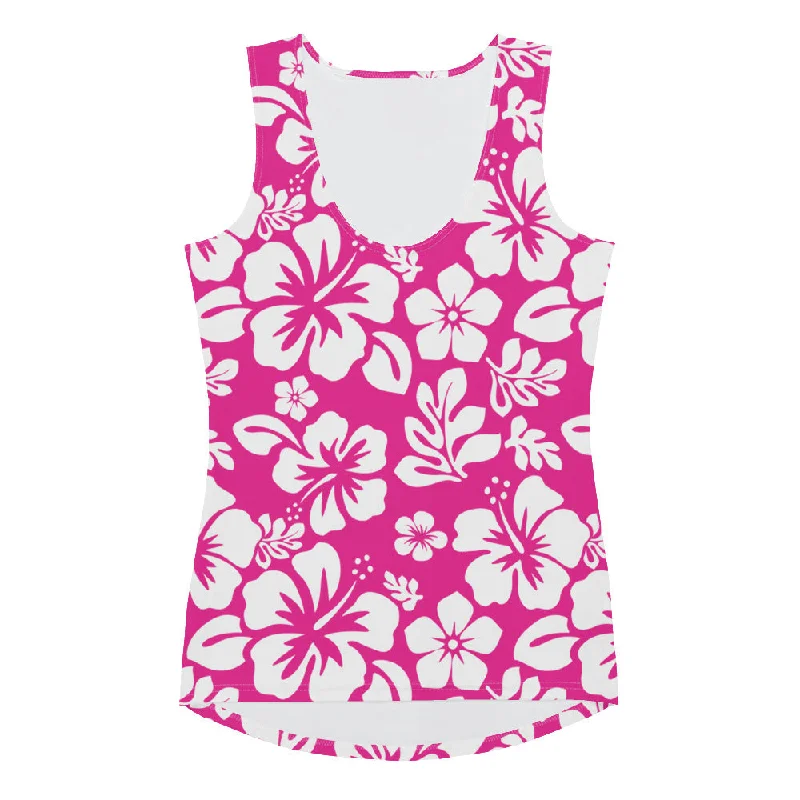 Hot Pink and White Hawaiian Flowers Women's Athletic Swim Tank Top bright tank top
