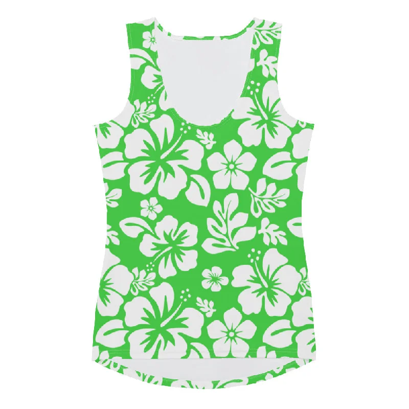 Lime Green and White Hawaiian Flowers Women's Athletic Swim Tank Top cute tank top