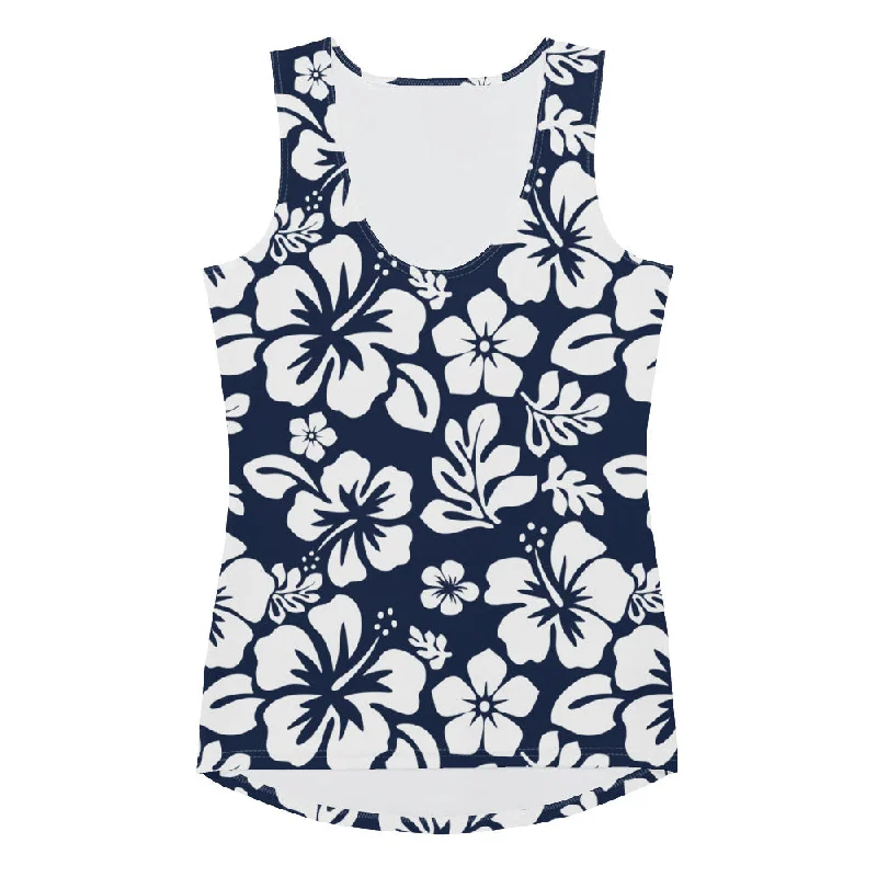 Navy Blue and White Hawaiian Flowers Women's Athletic Swim Tank Top fashionable tank top Navy Blue and White Hawaiian Flowers Women's Athletic Swim Tank Top fashionable tank top