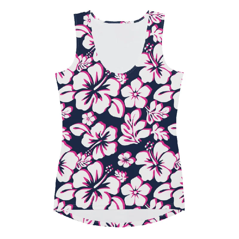Navy Blue, Hot Pink and White Hawaiian Flowers Women's Athletic Swim Tank Top vibrant tank top Navy Blue, Hot Pink and White Hawaiian Flowers Women's Athletic Swim Tank Top vibrant tank top