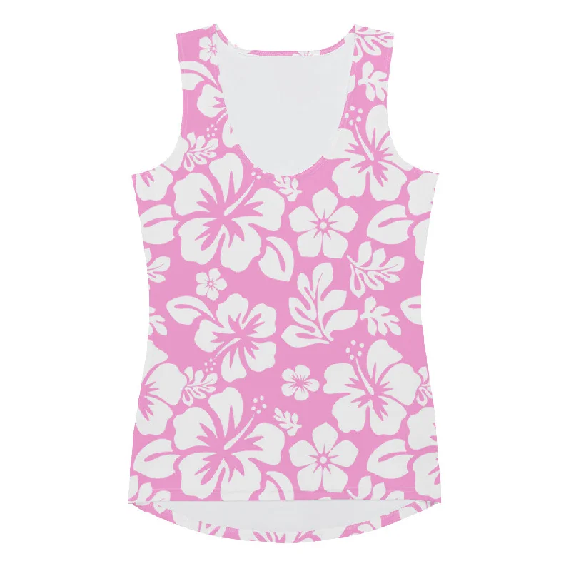 Pink and White Hawaiian Flowers Women's Athletic Swim Tank Top playful tank top
