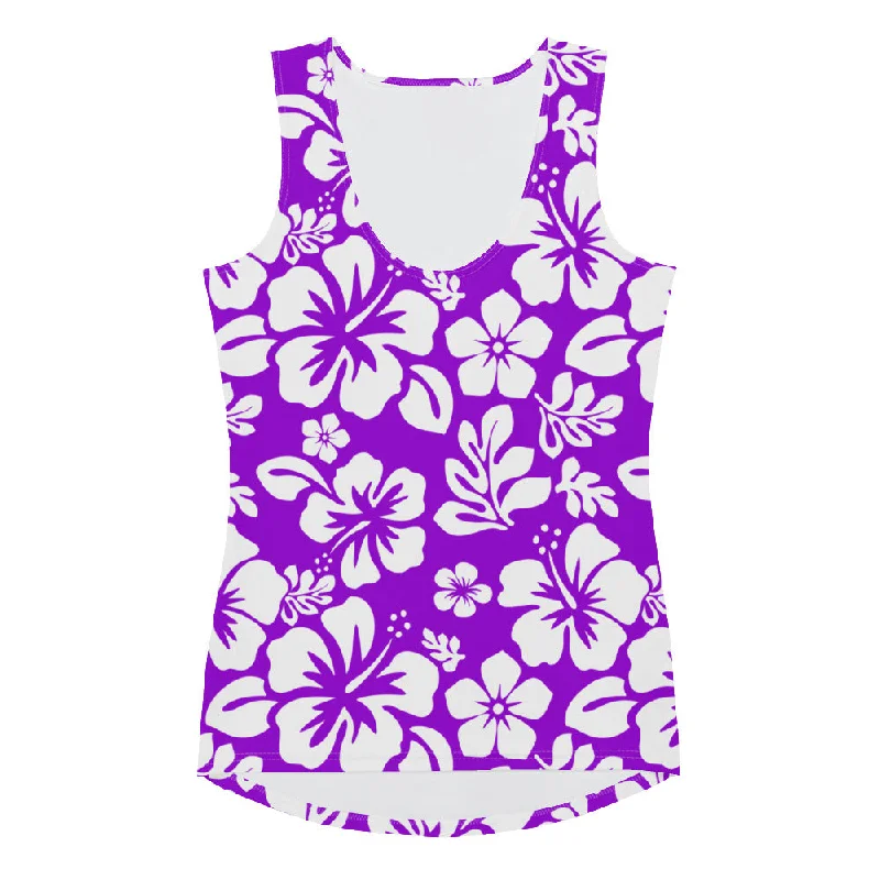 Purple and White Hawaiian Flowers Women's Athletic Swim Tank Top baby blue tank