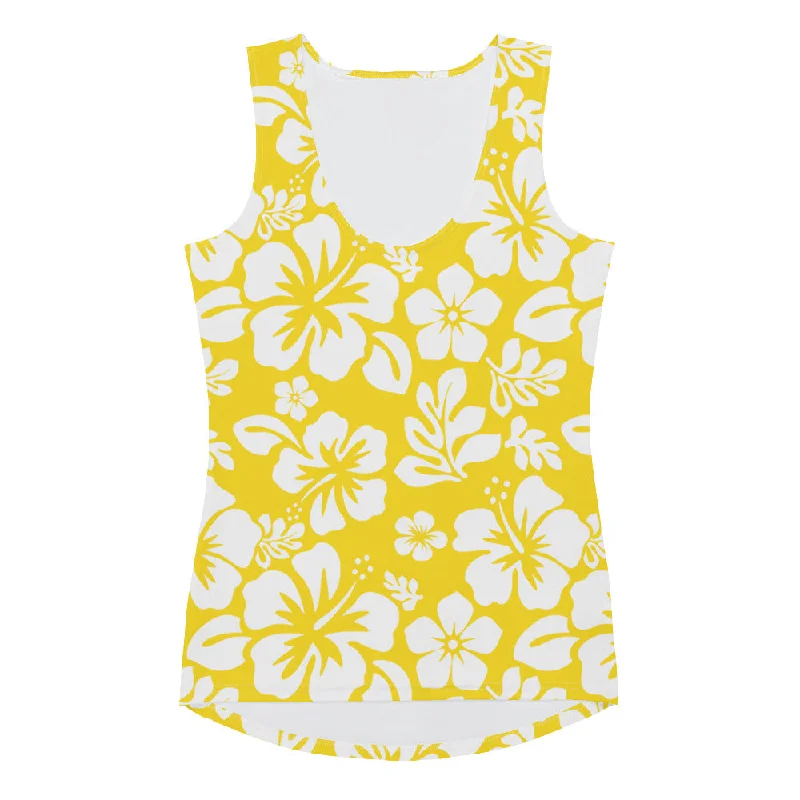 Yellow and White Hawaiian Flowers Women's Athletic Swim Tank Top pastel tank top