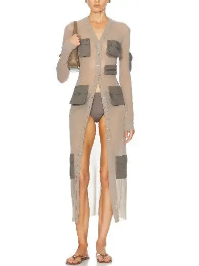 Cargo-Pocket Long Sheer Cardigan Dress in Gray Long Cardigan Short Cardigan Medium Cardigan