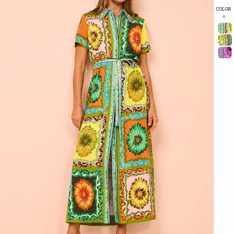 EXAGGERATED  PRINTING LACE UP CARDIGAN MAXI DRESS Silk Blend Satin Velvet