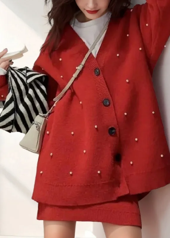 Fashion Red V Neck Nail Bead Cotton Knit Cardigan And Skirts Two Pieces Set Winter Lace Blend Ribbed Blend Corduroy Blend