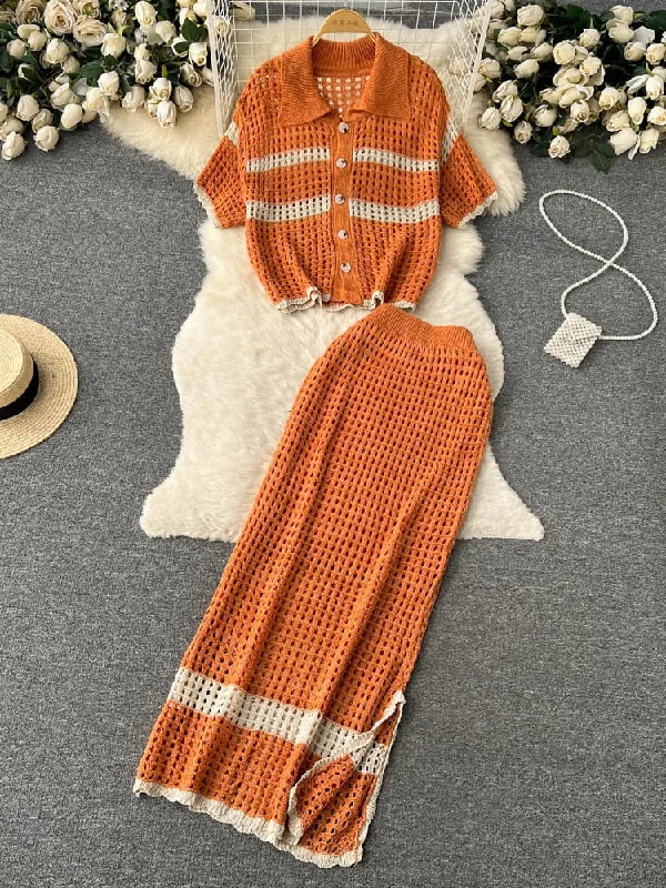 Zjkrl - Korean Spring Summer Vacation Style Knitted Twi Piece Set Women Chic Hollow out Sweater Cardigan +Long Maxi Skirt Sets Houndstooth Herringbone Solid