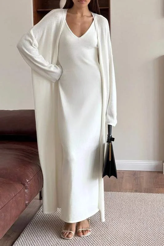 MINIMALIST MAXI DRESS WITH LONG CARDIGAN Crew Neck V-Neck Turtle Neck