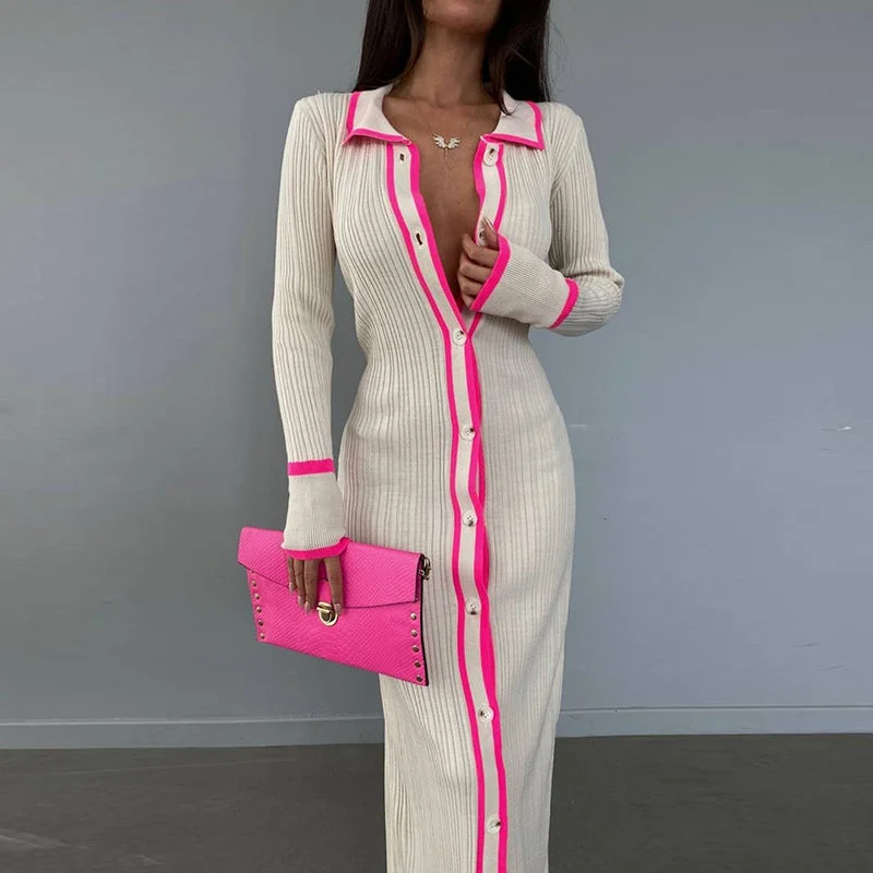 Slim Lapel Long Cardigan Dress Welt Pockets Slit Pockets Flap Pockets