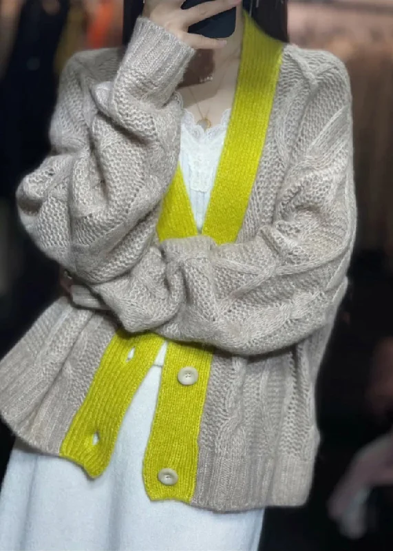 Women Khaki V Neck Button Patchwork Knit Cardigans Fall Iron Safe Non-Iron Wrinkle Free