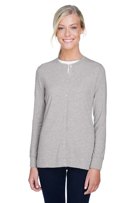 Devon & Jones Womens Perfect Fit Ribbon Cardigan Sweater - Heather Grey Front Pockets Side Pockets Patch Pockets