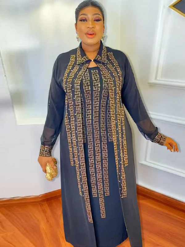 Long Sleeve Chiffon Cardigan & Printed Maxi Dress Handmade Hand-knitted Hand-woven