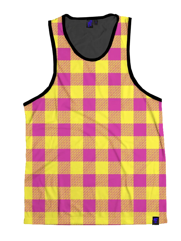 Neon Pink & Yellow Plaid Unisex Tank Top cropped tank top