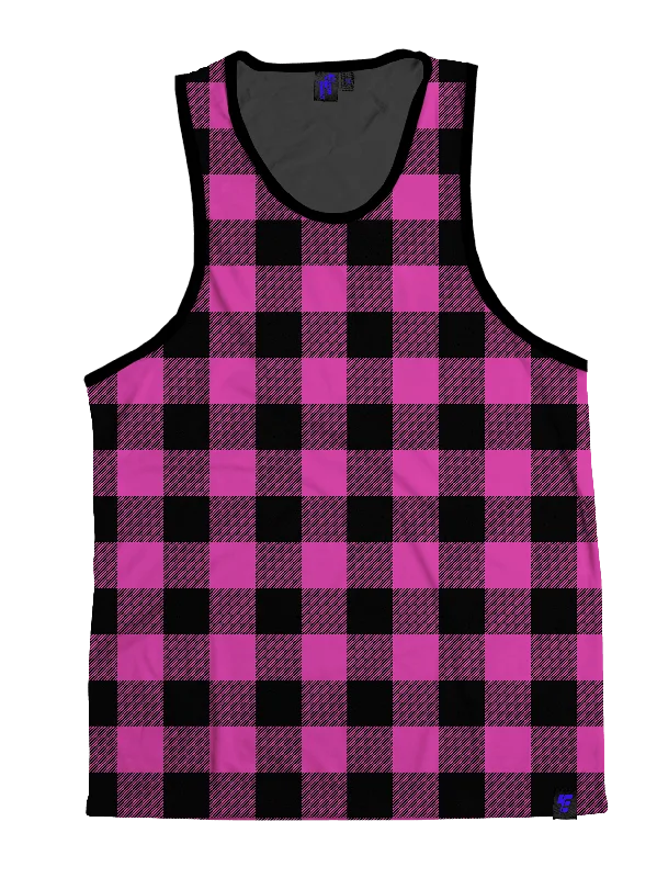 Neon Pink & Black Plaid Unisex Tank Top trendy tank top