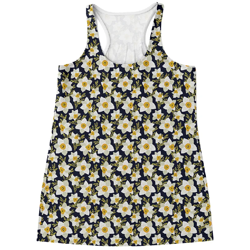 White Daffodil Flower Pattern Print Women's Racerback Tank Top soft pink tank
